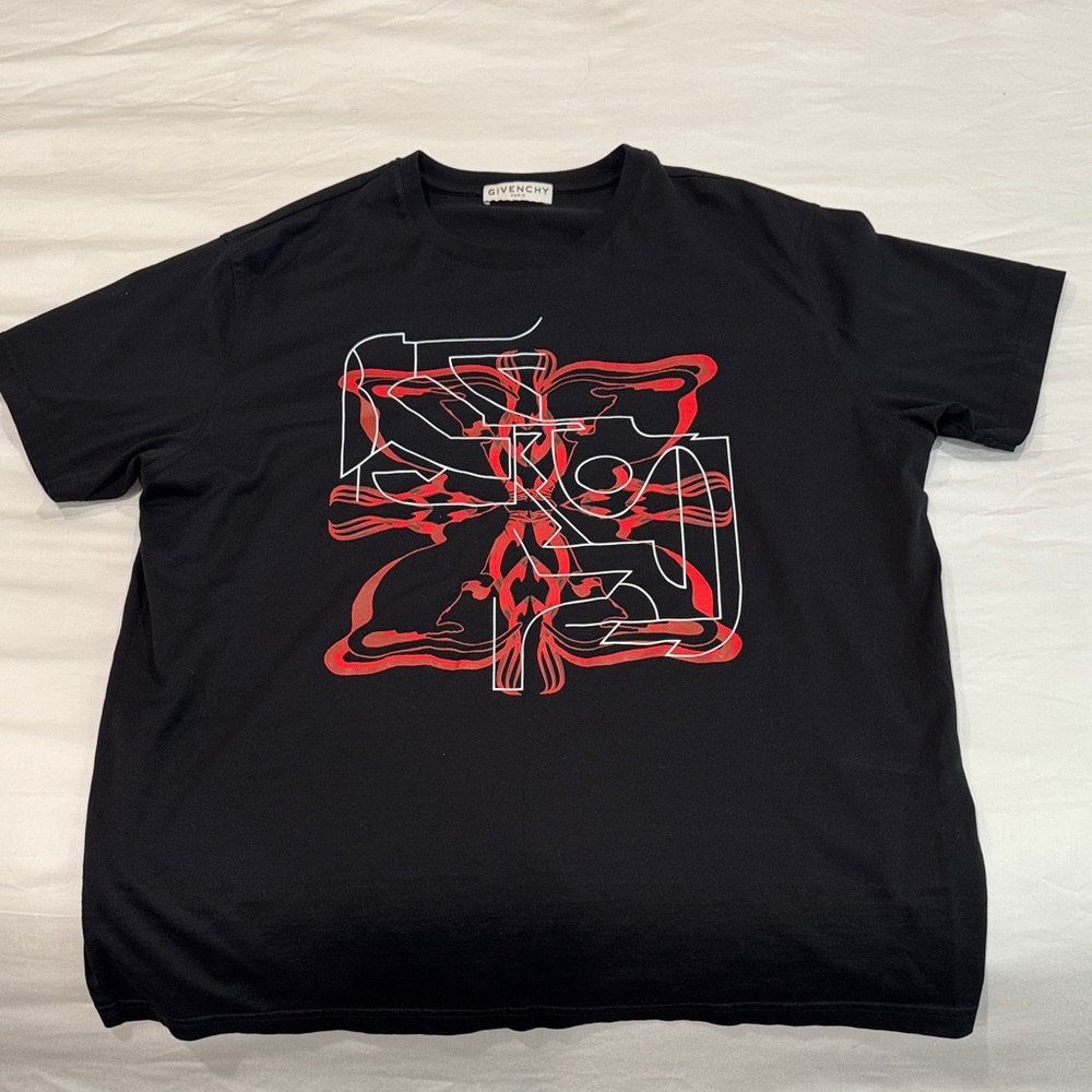 Givenchy Men's Black Tee with Red Abstract Design